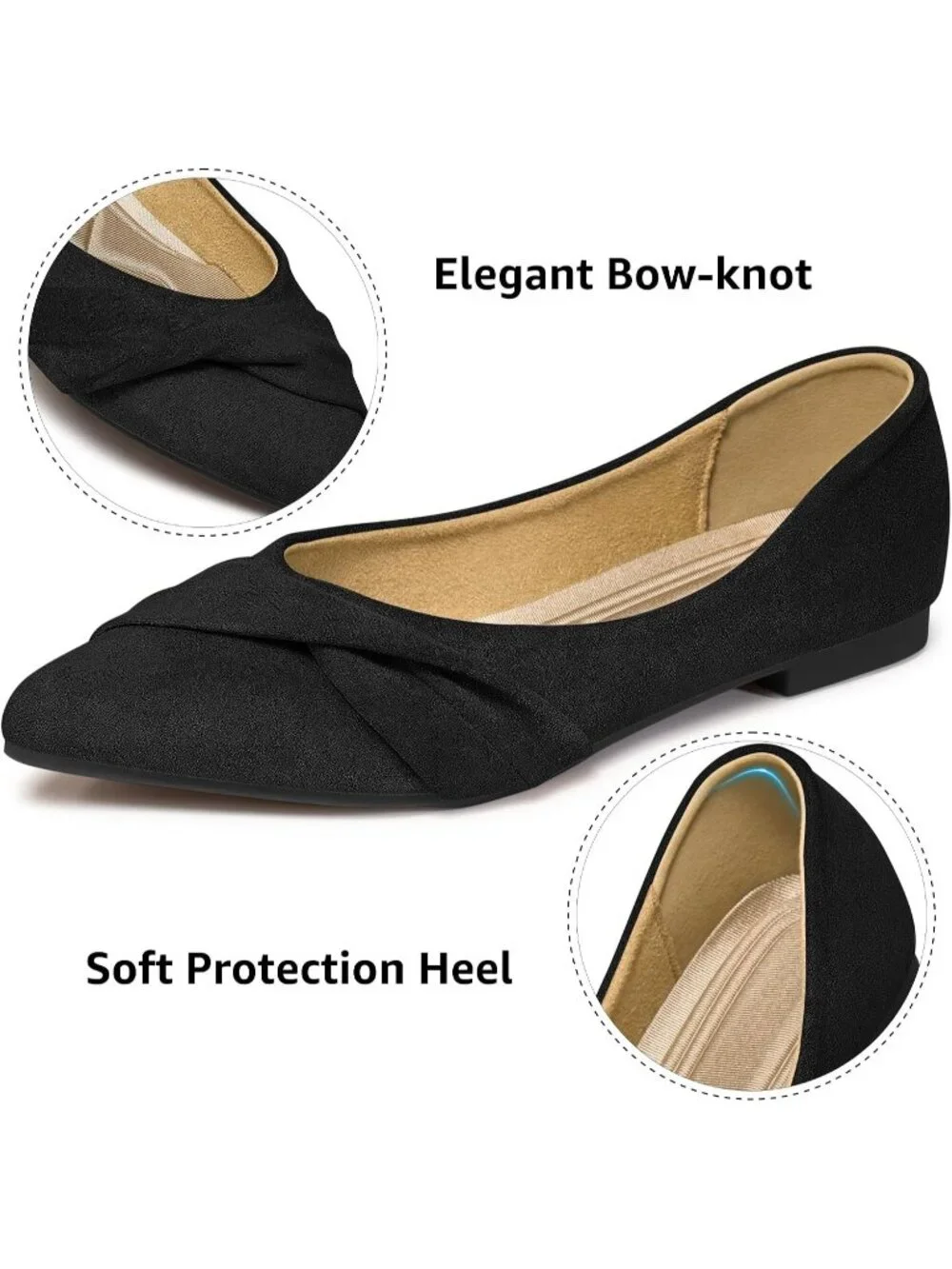 Women's Black Rubber Suede Elegant Bow Knot Pointed Toe Flat Comfortable Shoes